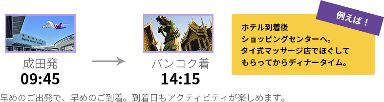 早めのご出発で、早めのご到着。到着日もアクティビティが楽しめます。